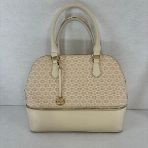 IMAN‎ Dome Satchel Bag Ivory Beige Monogram Purse Handbag Designer Elegant